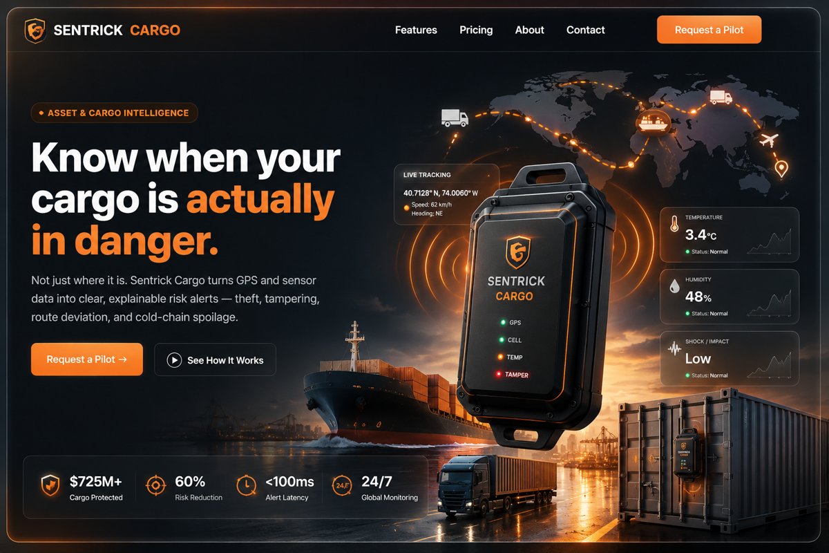 Sentrick Cargo — AI cargo intelligence. Know when your cargo is actually in danger. Rugged GPS tracker with live location, temperature, humidity and shock sensors, over a global shipping route map with truck, ship, plane and container.